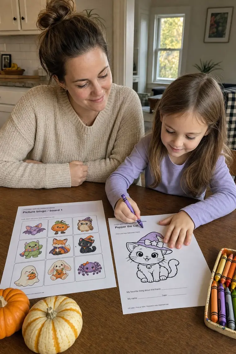 Mom and daughter at the table with printed Halloween pages